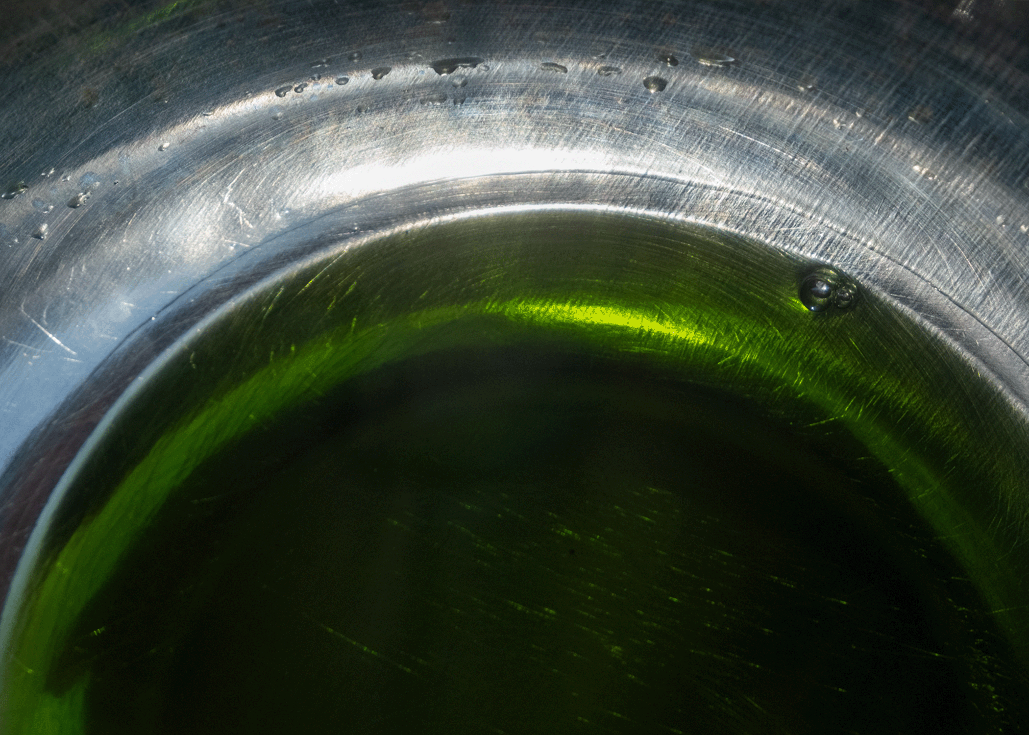 Olio extravergine di oliva novello appena franto dal colore verde intenso